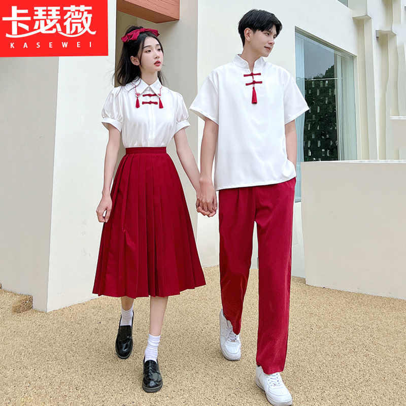 实拍2023夏季情侣装学生班服