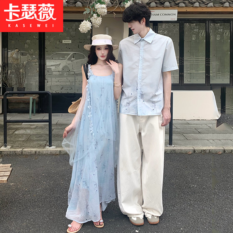 海边度假风情侣装夏季高级感花朵蝴蝶吊带连衣裙气质长裙一裙一衣