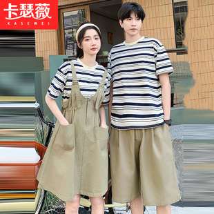 t恤夏季 时尚 情侣装 男女款 洋气时髦学生衣服小个子 休闲背带裤 套装