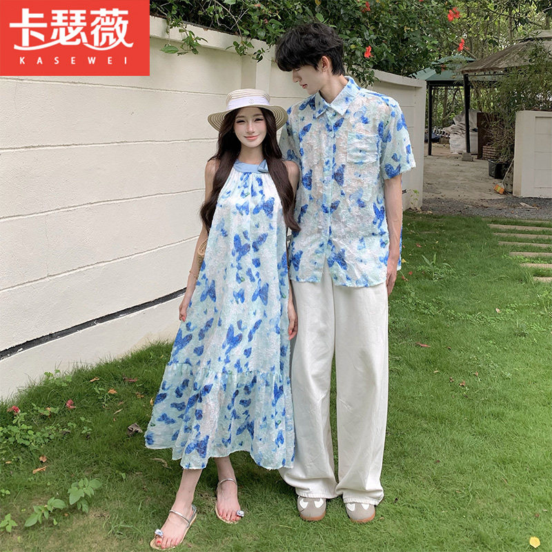 情侣装2026夏季新款法式无袖挂脖蝴蝶印花海边沙滩连衣裙一裙一衣