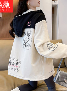 几何数学拼接冲锋衣少女2025冬季新款初高中学生加绒加厚夹克外套