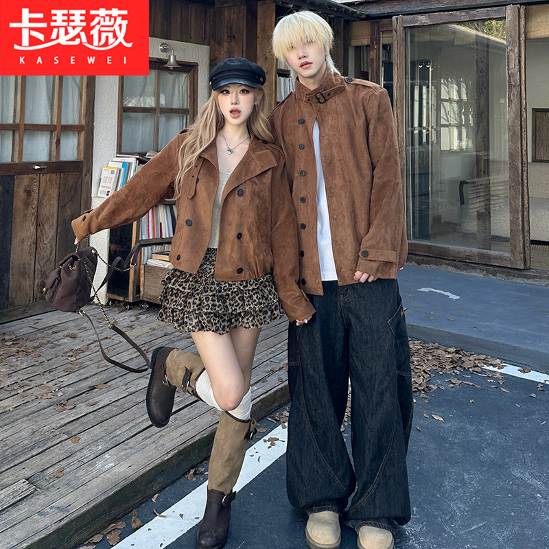 情侣装2026秋冬韩版复古慵懒风麂皮绒夹克女短款风衣男女外套上衣
