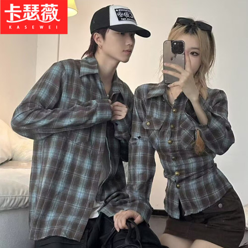 字母刺绣设计格子衬衫2025秋季穿搭潮牌宽松高级感情侣装长袖衬衣