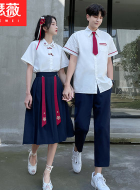 民国风情侣装夏装一裙一衣初高中学生毕业照班服中国风