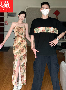 法式情侣装夏季碎花吊带连衣裙女中长款收腰开叉包臀裙子你衣我裙