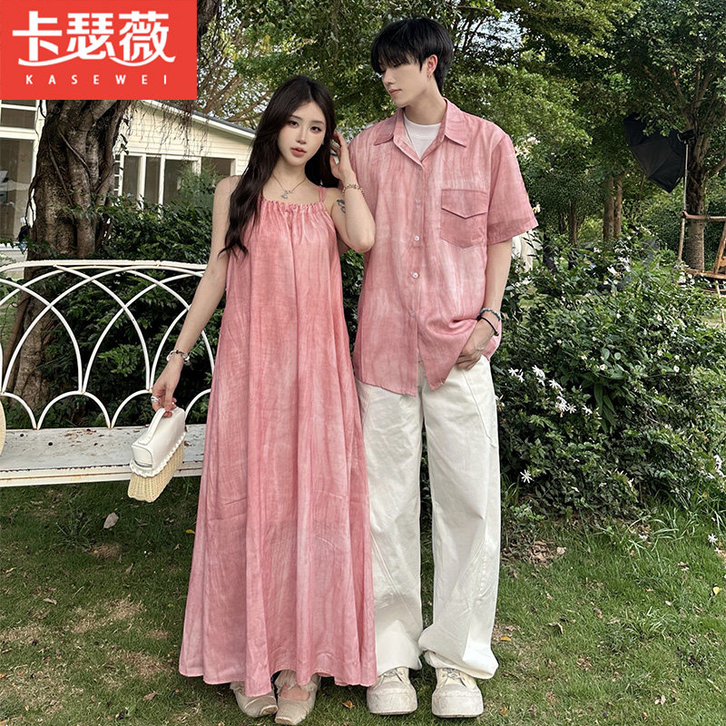 情侣装夏季新款法式海边度假风多巴胺粉色晕染吊带连衣裙一衣一裙