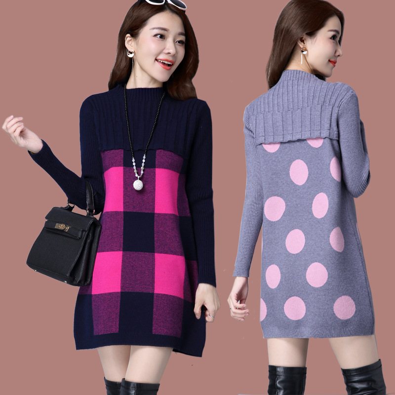 秋冬新款加厚韩版洋气宽松格子毛衣裙女套头中长款羊毛针织打底衫