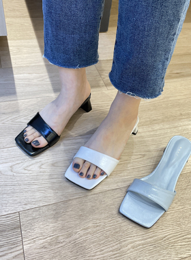 韩国东大门代购女鞋22夏季nuff中跟方跟一字时尚性感纯色方头凉拖