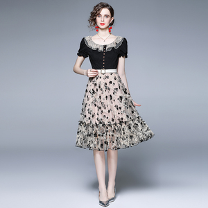 RM5424#新款蕾丝刺绣复古连衣裙短袖网纱公主裙送腰带