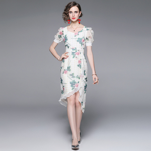 RM5423#新款夏季法式泡泡袖印花裙子短袖不规则绣花连衣裙
