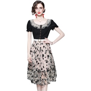 RM5424#新款蕾丝刺绣复古连衣裙短袖网纱公主裙送腰带