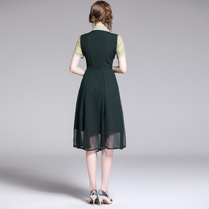 RY1494#端庄大气收腰衬衫领雪纺连衣裙中长款A字女裙