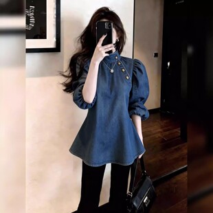 轻奢风牛仔衬衫 深蓝色宽松气质小众高级感上衣2026春 女立领泡泡袖