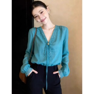 孔雀蓝衬衫女长袖春季2026新款高级轻奢好看气质绝美漂亮V领衬衣