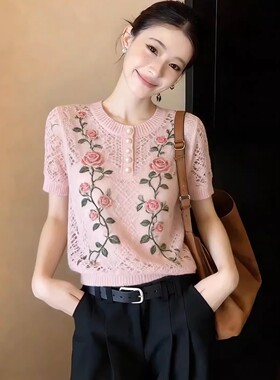 粉红色韩系圆领玫瑰印花针织T恤女2026夏季新款轻薄透气大码上衣
