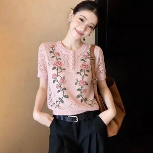 粉红色韩系圆领玫瑰印花针织T恤女2026夏季新款轻薄透气大码上衣
