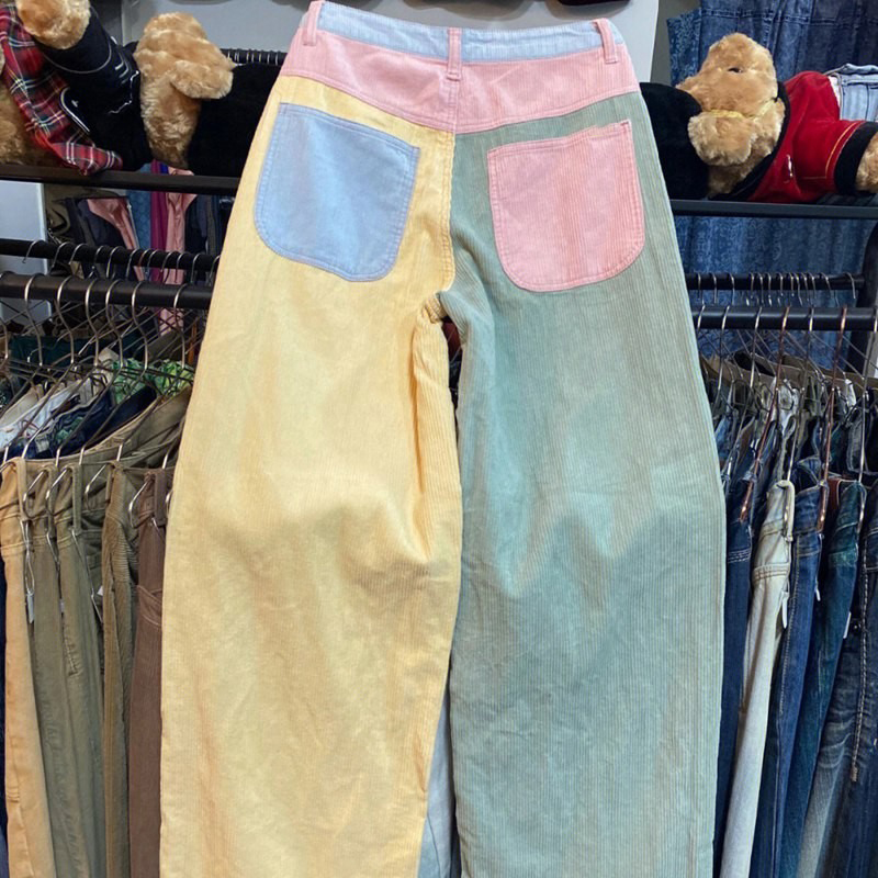 拼接撞色高腰阔腿裤宽松休闲裤女