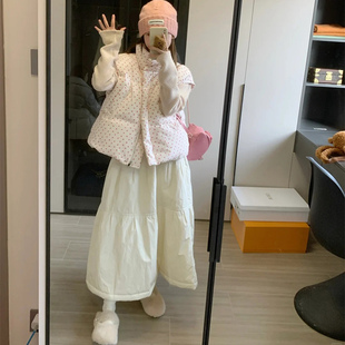 日系米白色夹棉半身裙女秋冬季 高腰加厚a字中长裙保暖棉裙子 新款