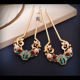 原创手工烧蓝兰花发钗簪子汉服唐风明制古风配饰中国风汉元素头饰