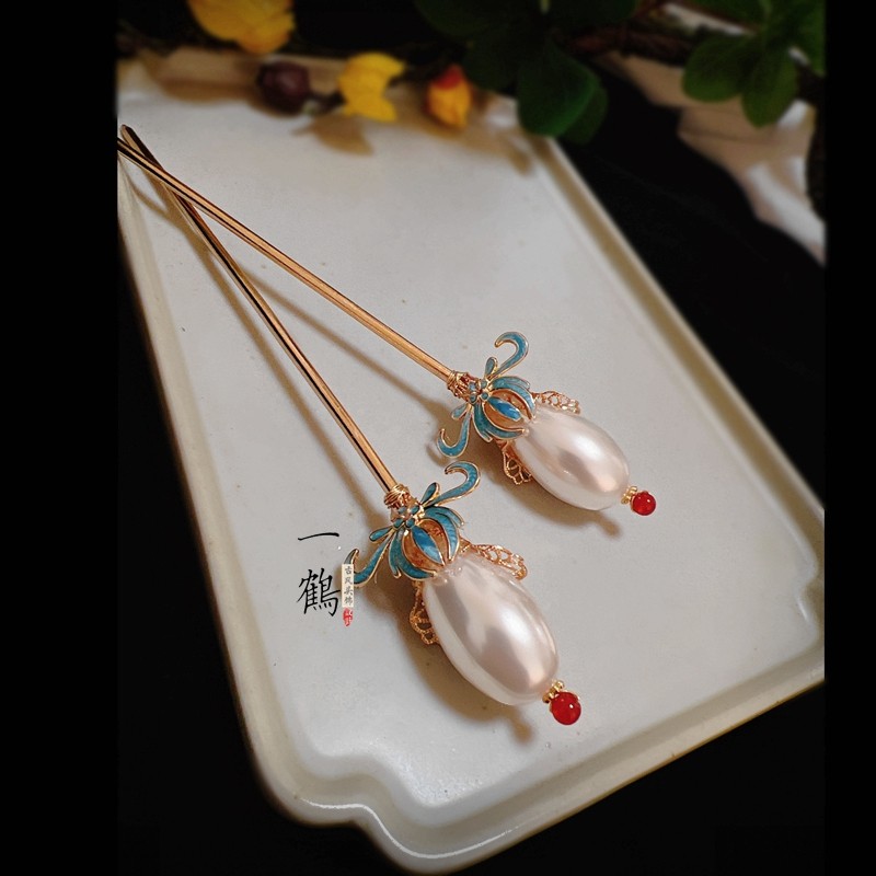 原创【神棍簪】古风长珍珠烧蓝兰花点缀发簪子简约旗袍日常盘发饰,饰品/流行首饰/时尚饰品新,发饰,淘宝优惠券,粉丝福利购,淘宝优惠卷