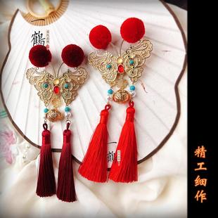 新年拜年古风汉服头饰红色流苏蝴蝶铃铛发夹边夹百搭汉服后压发冠