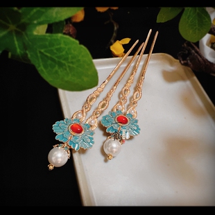 【舜华】唐风仿绞丝景泰蓝珍珠牡丹掩鬓发钗古风汉服发簪子简约饰
