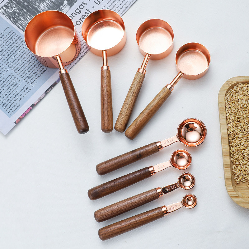 不锈钢咖啡量勺木柄烘培量匙套装奶粉勺子带刻度小量杯克数计量勺