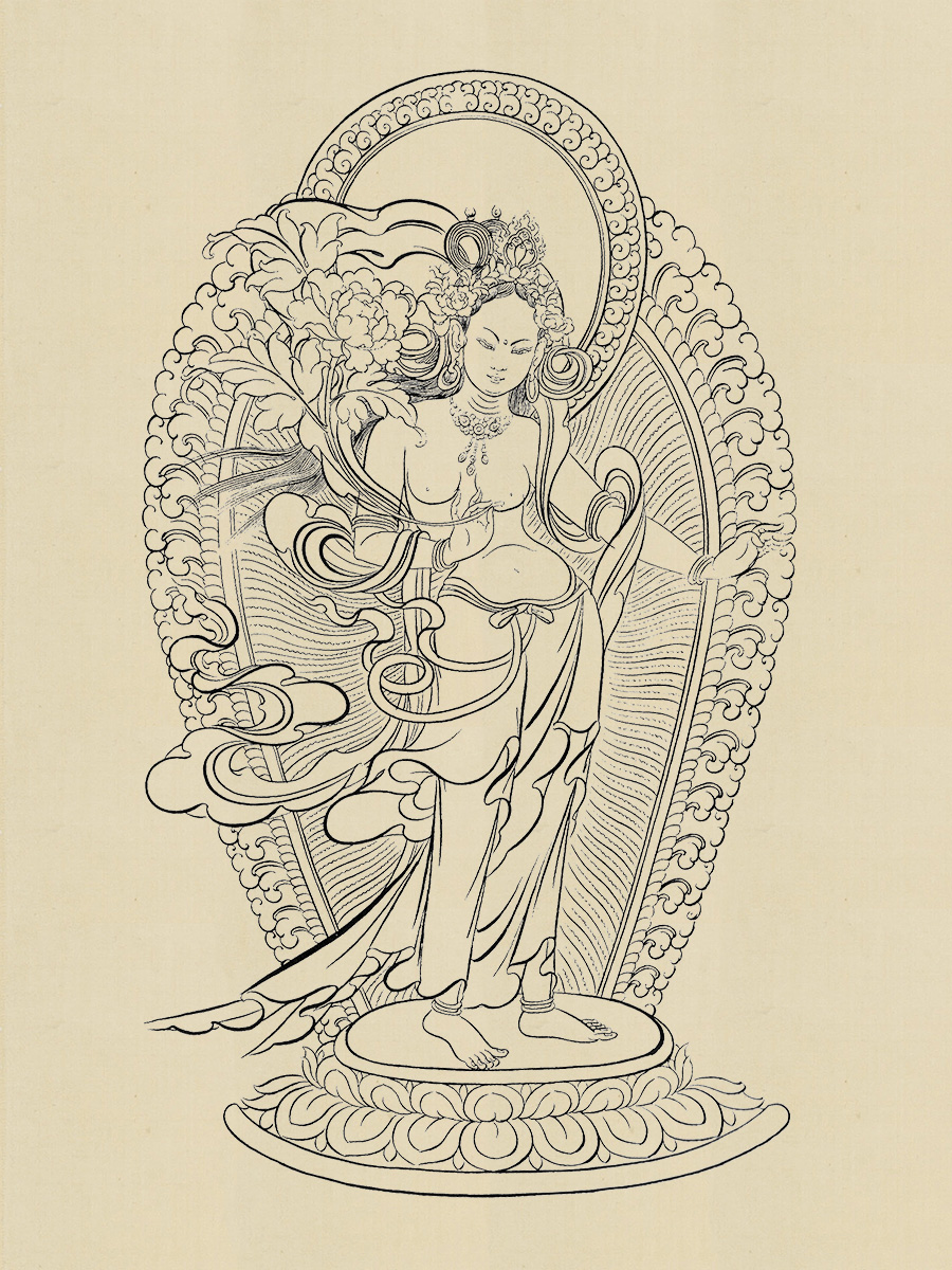 西藏绿度母减压手绘填色描金唐卡