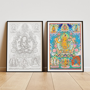涂色唐卡手绘diy五部文殊菩萨白描底稿数字油画唐卡手绘diy填色画