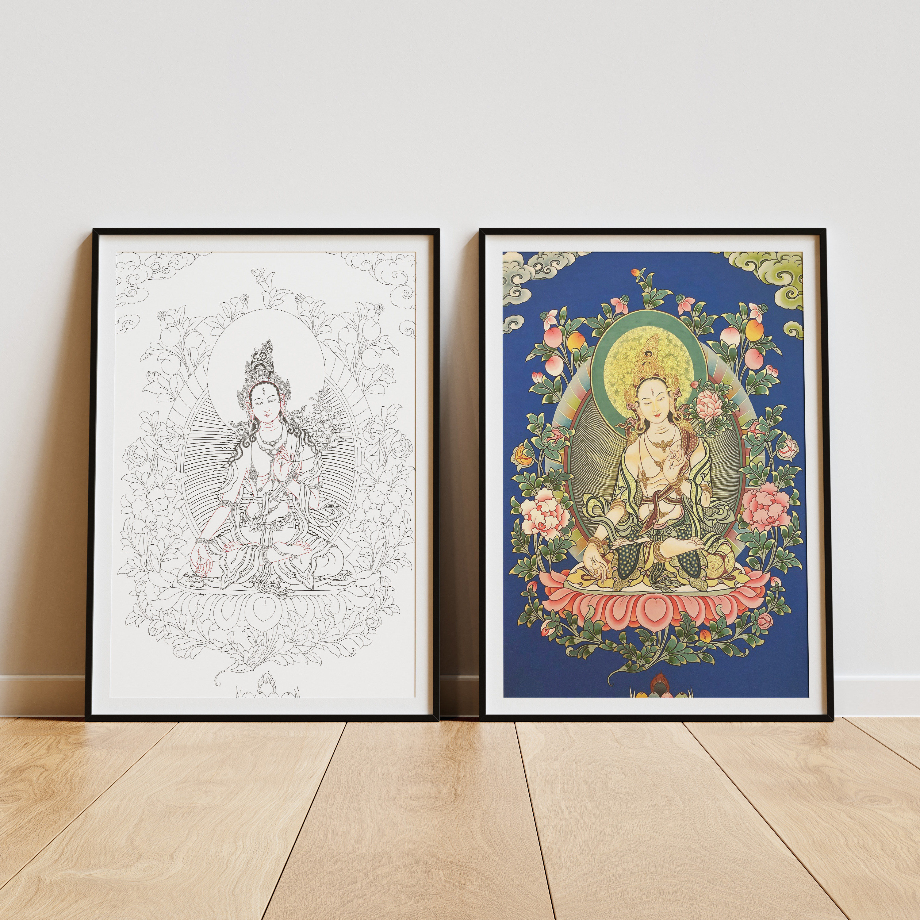 绿白度母文殊菩萨地藏王四臂观音描金线稿唐卡手绘diy描金上色