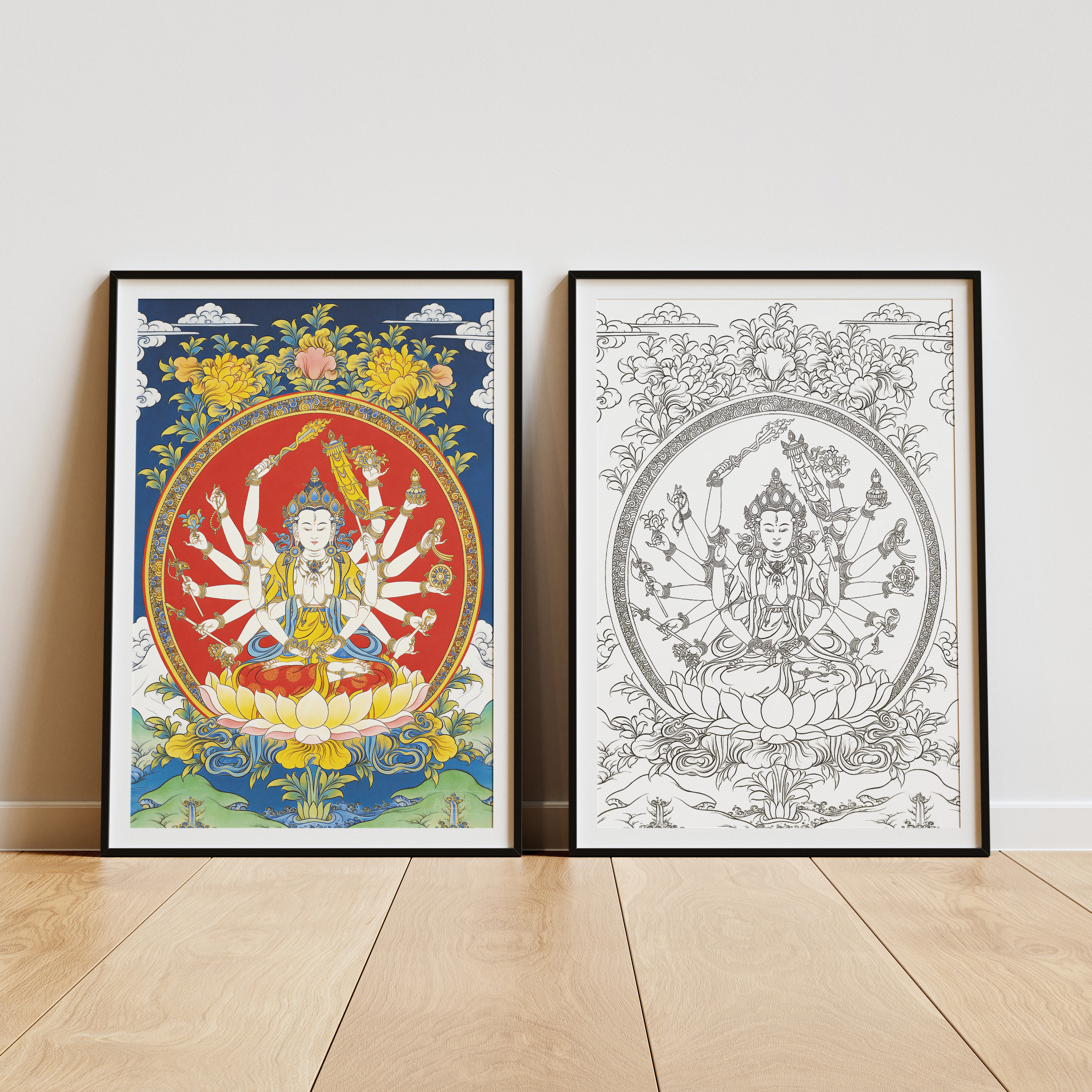 准提佛母白描线稿描金涂色 西藏佛像菩萨DIY手绘自己画唐卡装饰画