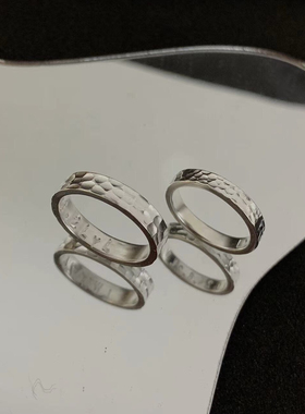 手工原创999足银陨石坑纯银对戒激光刻字锤纹戒指小众轻奢礼物