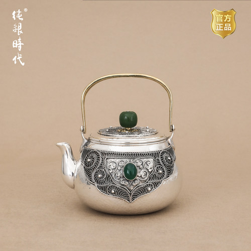 纯银时代铜提梁玉珠泡茶壶足银