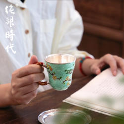 纯银时代 芳林栖鹿茶杯纯银999非遗大漆手工七宝烧可爱银杯90ml