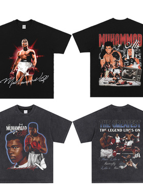 致敬Muhammad Ali拳王阿里运动休闲复古美式小领口宽松短袖T恤