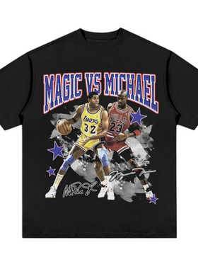 原创魔术师约翰逊&MJ复古人物数码小众男潮牌印花短袖宽松篮球T恤