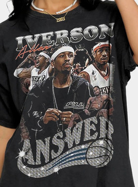 Allen Iverson vintage艾佛森T恤美式复古重磅小领口篮球印花人物