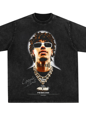 Lamelo ball美式重磅小领口水洗做旧vintage鲍尔三球纯棉短袖T恤