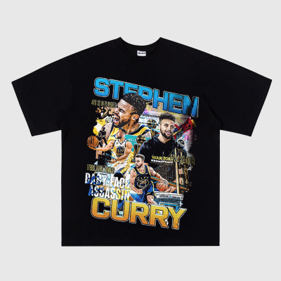 Stephen·Curry库里复古美式小领口宽松大码勇士重磅短袖T恤印花
