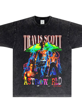 Travis Scott斯科特美式复古嘻哈说唱重磅小领口纯棉潮流短袖t恤
