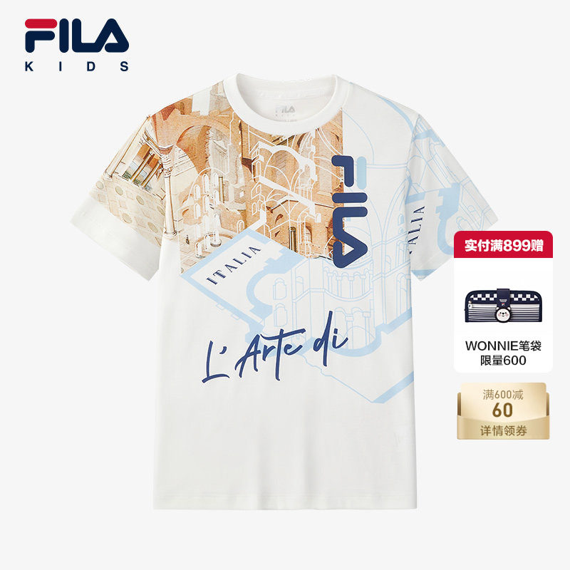 FILA斐乐儿童童装套头T恤2025年夏季新款男中大童休闲全棉短袖衫