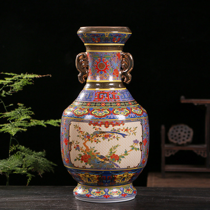 仿古中式瓷器珐琅彩开窗双耳花鸟装饰摆件