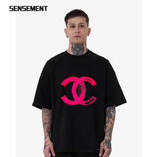 SENSEMENT 欧货潮奢涂鸦手绘版画印花情侣装短袖T恤男女凉感宽松