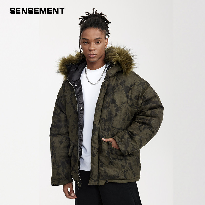 SENSEMENT 25冬季大毛领加厚座山雕迷彩情侣面包服棉衣外套加厚潮