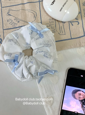 韩国面料~蕾丝花边蓝色蝴蝶结大肠发圈发饰少女丸子头发饰头绳