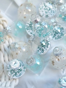 圣诞树节日挂件 套装 冰透感圣诞球装 饰品清凉蓝彩绘网布透明24个装