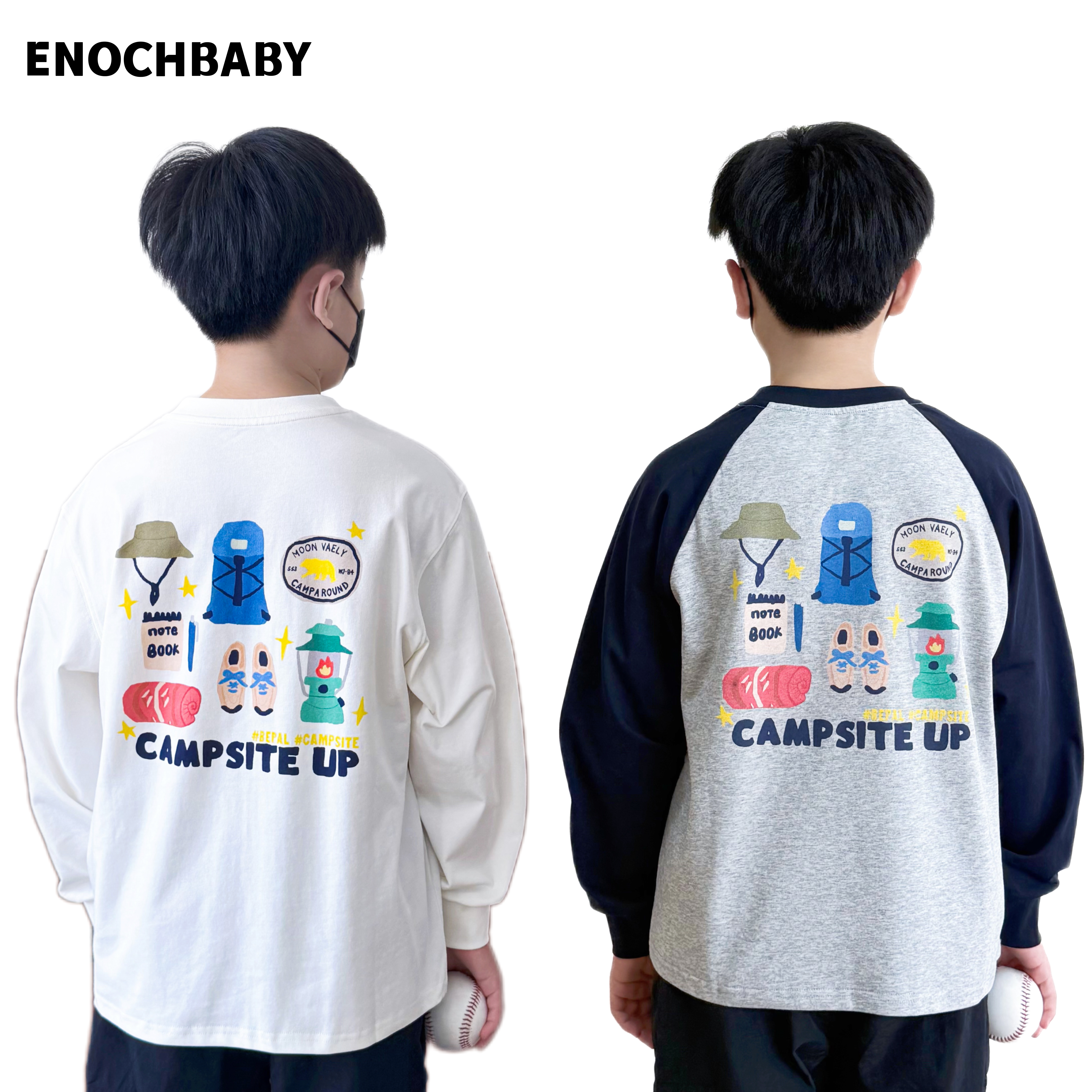 ENOCHBABY男童T秋季新款童装露营印花儿童插肩袖长袖T恤全棉上衣