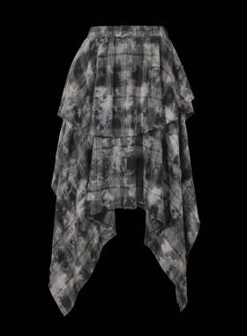 olioni 复古朋克美式不规则破坏炒色做旧松紧高腰格子纹半身短裙