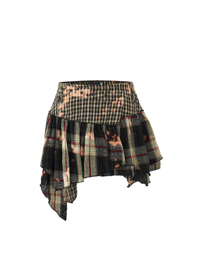 olioni扎染美式辣妹街头复古朋克亚比流浪风拼接格纹不规则短裙女