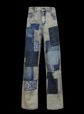 olioni 贴布补丁Remake风亚比高街拼接重工印花微喇牛仔休闲长裤